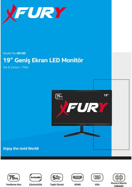 19" Geniş Ekran 75 Hz 5ms (Vga,hdmı) LED Monitör