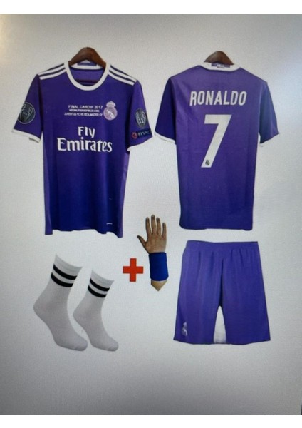 Ronaldo Real Madrid Çocuk Forması 2017-18 Sezon Bileklik Çorap Hediye Mor