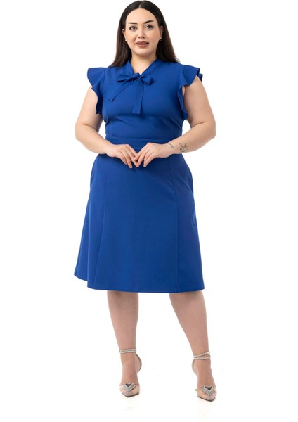 Büyük Beden Yakası Fularlı Kolları Volanlı Midi Saks Mavi Elbise fırsatları