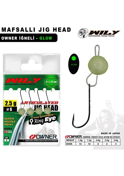 Mafsallı Jig Head 4 Adet Owner Iğneli - Glow