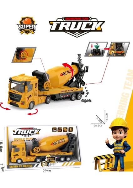 Berattoys Oyuncak Iş Makinası Kamyon Kepçe Mikser Kırılmaz Iş Araçları 27 cm