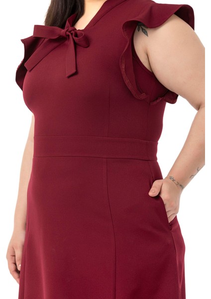 Büyük Beden Yakası Fularlı Kolları Volanlı Midi Bordo Elbise indirimleri
