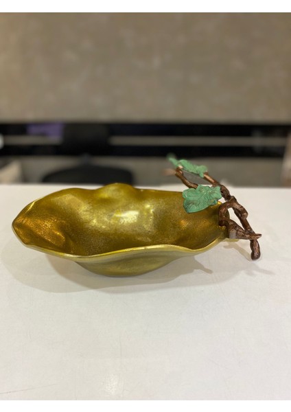 32X22 cm Döküm Aliminyum Dallı Gold Eskitme Dekoratif Tabak