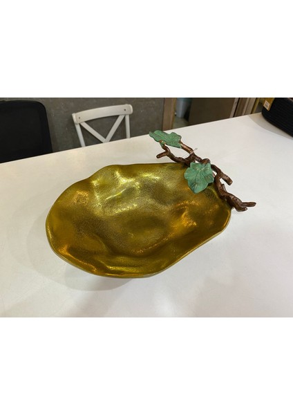 32X22 cm Döküm Aliminyum Dallı Gold Eskitme Dekoratif Tabak