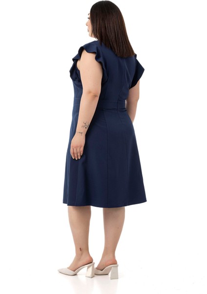 Büyük Beden Yakası Fularlı Kolları Volanlı Midi Lacivert Elbise modelleri