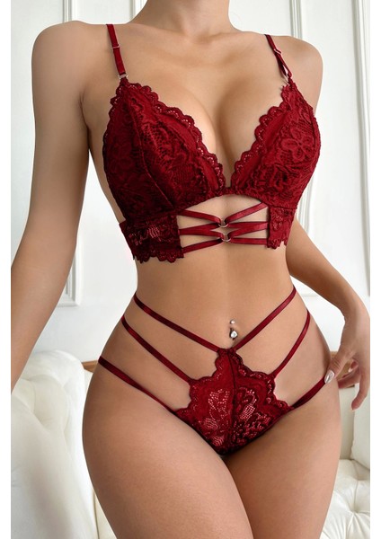 Kadın Bordo Dantel Cut-Out Detaylı Şık Sütyen ve Külot Takımı indirimleri