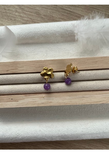 Ametist Taşı Çiçek Modelli Çelik Küpe El Yapımı