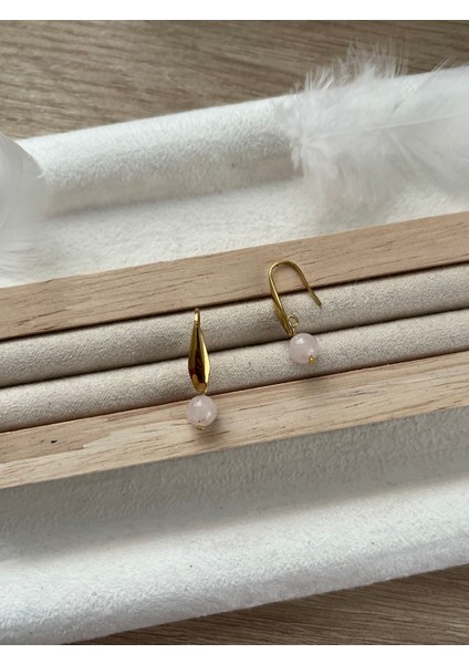 Pembe Kuvars Taşı Çelik Küpe El Yapımı