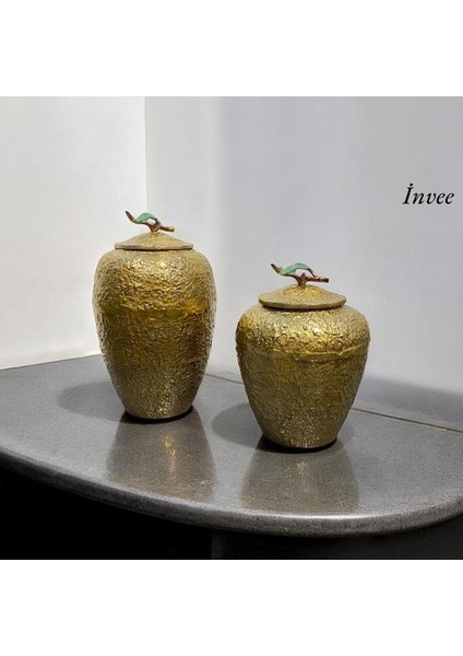 32 cm Döküm Aliminyum Gold Eskitme Kapaklı Vazo