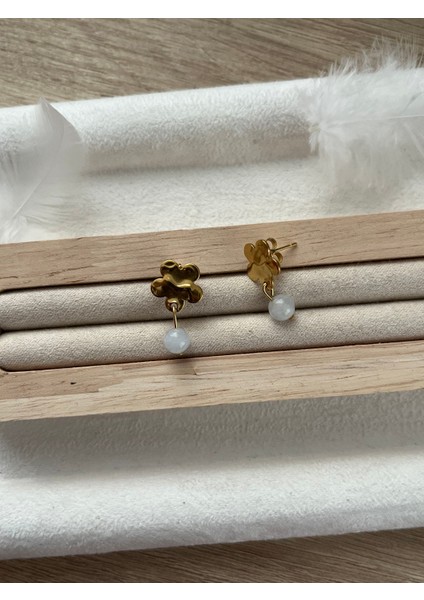 Akuamarin Taşı Çiçek Modelli Çelik Küpe El Yapımı