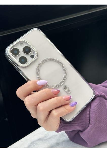 iPhone 15 Pro Uyumlu Sararmaz Sert Mika Magsafe Pırlanta Taşlı Şeffaf Kılıf indirimleri