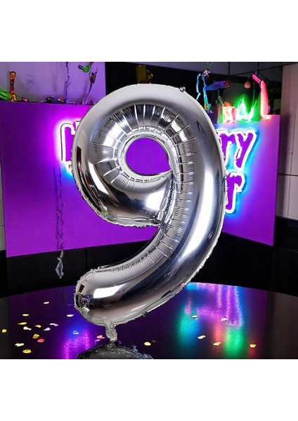 Yüksek Kalite 1 Metre Gümüş 9 Rakam Balon Gümüş 9 Rakam Folyo Balon Uçan Balona Helyum Gazına Uygun