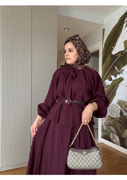 Kemerli 3lü Bohem Detaylı Pamuklu Kumaş Etekli Yazlık Takım Bordo