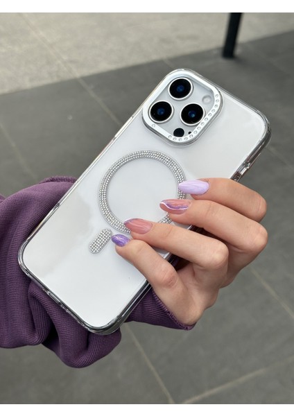 iPhone 15 Pro Max Uyumlu Sararmaz Sert Mika Magsafe Pırlanta Taşlı Şeffaf Kılıf fırsatları