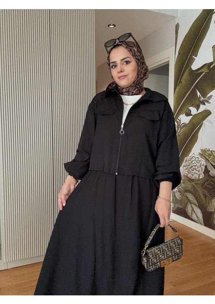 Çilek Keten Fermuarlı Kadın Etekli Yazlık Ikili Takım - Siyah