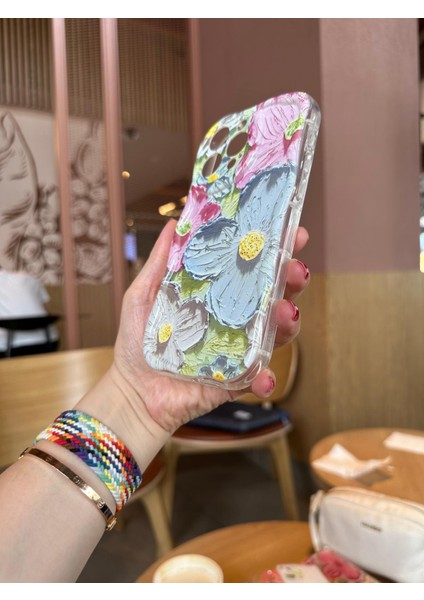 iPhone 15 Büyük Çiçek Desenli Renkli Sert Telefon Kılıfı