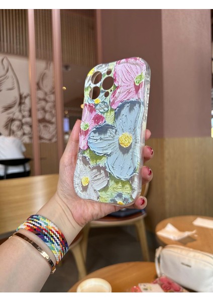 iPhone 15 Büyük Çiçek Desenli Renkli Sert Telefon Kılıfı