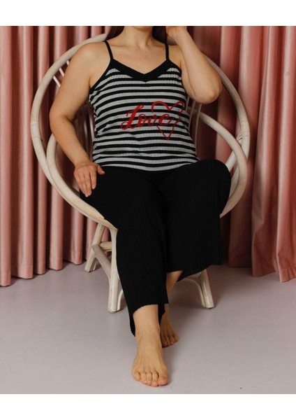 Büyük Beden Ip Askılı Üstlü ve Uzun Altlı Alt Üst Pijama Takımı