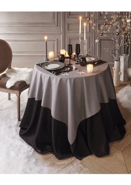 Yuvarlak Siyah Gri Pamuk Saten Dekoratif Masa Örtüsü