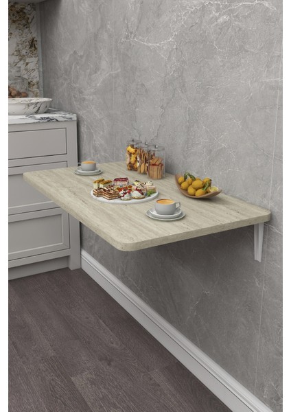 60X90 cm Iskandinav Tarzı Duvara Monte Katlanır Masa – Traverten Desenli, Oval Köşeli