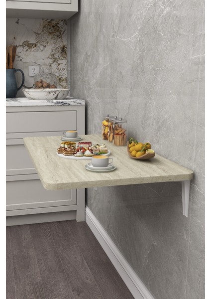 60X90 cm Iskandinav Tarzı Duvara Monte Katlanır Masa – Traverten Desenli, Oval Köşeli