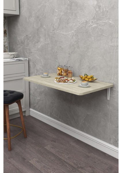 60X90 cm Iskandinav Tarzı Duvara Monte Katlanır Masa – Traverten Desenli, Oval Köşeli