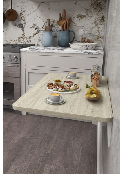 60X90 cm Iskandinav Tarzı Duvara Monte Katlanır Masa – Traverten Desenli, Oval Köşeli