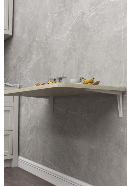 60X90 cm Iskandinav Tarzı Duvara Monte Katlanır Masa – Traverten Desenli, Oval Köşeli