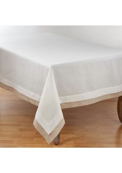 Saten Kare Masa Örtüsü Beyaz Bej Renk Çerçeveli