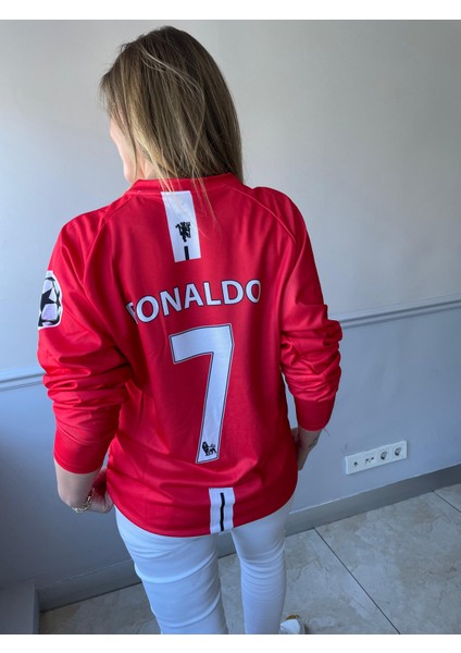 Cristiona Ronaldo Kırmızı Moscow 2008 Şampiyonlar Ligi Uzun Kol Yetişkin T-Shrt Forma