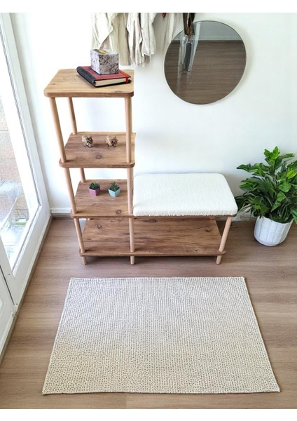 Mira Ahşap Raflı 4 Oturma Bankı, Çok Amaçlı Giriş Bench ve Dekoratif Organizer, Teddy Kumaşlı
