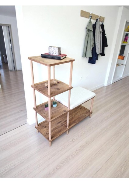 Mira Ahşap Raflı 4 Oturma Bankı, Çok Amaçlı Giriş Bench ve Dekoratif Organizer, Teddy Kumaşlı