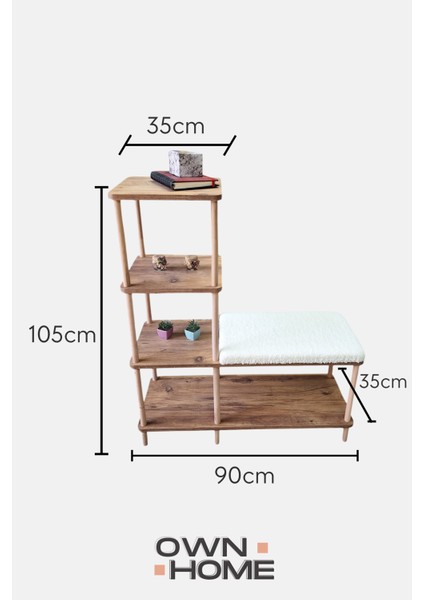 Mira Ahşap Raflı 4 Oturma Bankı, Çok Amaçlı Giriş Bench ve Dekoratif Organizer, Teddy Kumaşlı