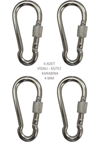Galvanizli Vidalı (Kilitli) Karabina, 4 Mm, Askı, Çengel, Kanca, Anahtarlık (4 Adet)