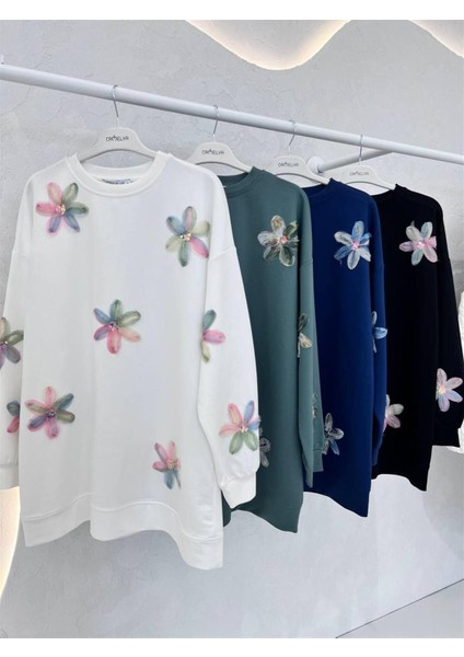 5249 Bisiklet Yaka Tül Çiçek Detaylı Sweat
