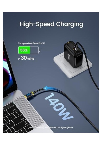140 W USB C Kablosu, Ekranlı, Magline Naylon 1,2 M Tip C Hızlı Şarj Kablosu - iPhone 15 Pro Max, Galaxy, MacBook Pro/air, iPad Pro/air, Pixel ve Daha Fazlası ile Uyumlu