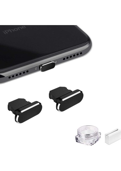 Metal Toz Önleyici Fiş iPhone 14 13 12 11 x Xs Xr 8 7 Se Mini Plus Pro Max iPad Airpods ile Uyumlu, 2'li Paket Yıldırım Şarj Portu Kapak Koruyucuları Fiş Tutucu ve Saklama Kutusu (Siyah)