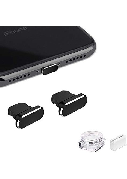 Metal Toz Önleyici Fiş iPhone 14 13 12 11 x Xs Xr 8 7 Se Mini Plus Pro Max iPad Airpods ile Uyumlu, 2'li Paket Yıldırım Şarj Portu Kapak Koruyucuları Fiş Tutucu ve Saklama Kutusu (Siyah)