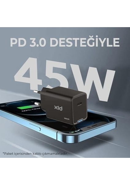 BX1P45G Gan 45W Type-C Pd Akım Korumalı ve LED Göstergeli Hızlı Şarj Cihazı (Siyah)