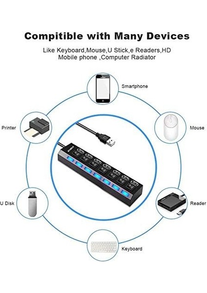 7 Port USB Çoklayıcı Çoğaltıcı Işıklı Hub USB 2.0 Switch Splitter 4874