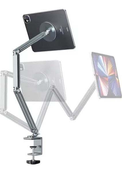Sınıfının En Profesyoneli ve En Güçlüsü 3 Eklemli Manyetik Tablet ve Telefon Tutucu Masa Kenarına Sıkıştırmalı Güçlü Gövde Yüksekliği Ayarlanabilir Alüminyum Stand Silver C67