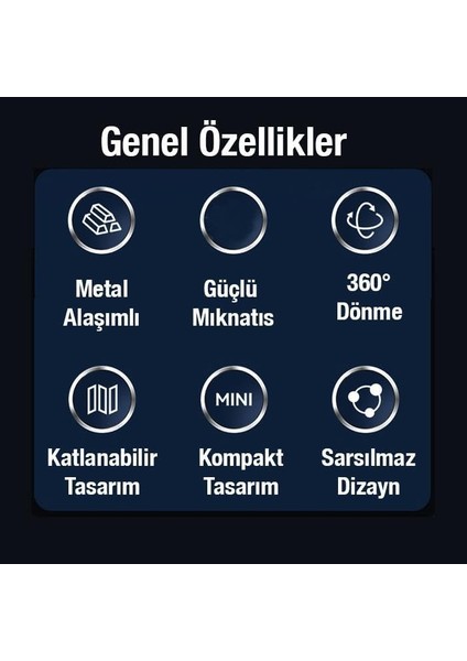 Mobile Metal Araç Içi Torpido Üstü Magsafeli Telefon Tutucu, 360 Derece Dönen Katlanabilir Tutucu