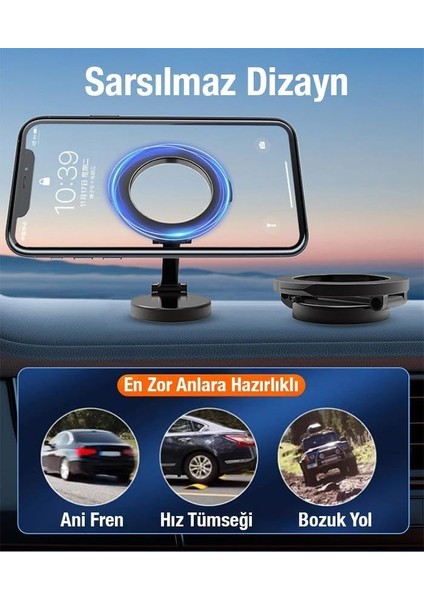 Mobile Metal Araç Içi Torpido Üstü Magsafeli Telefon Tutucu, 360 Derece Dönen Katlanabilir Tutucu