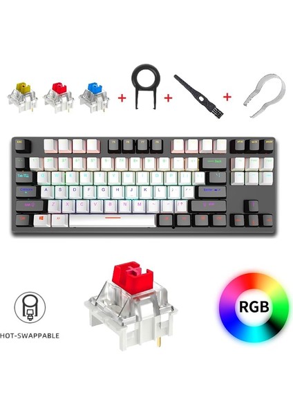 Len K550 Kablolu Rgb Mekanik Oyuncu Klavye - 87 Tuşlu, Ergonomik Tasarım, LED Işıklı, 150CM Kablo, Bilgisayar Pc Için, Siyah-Beyaz, Kırmızı Switch