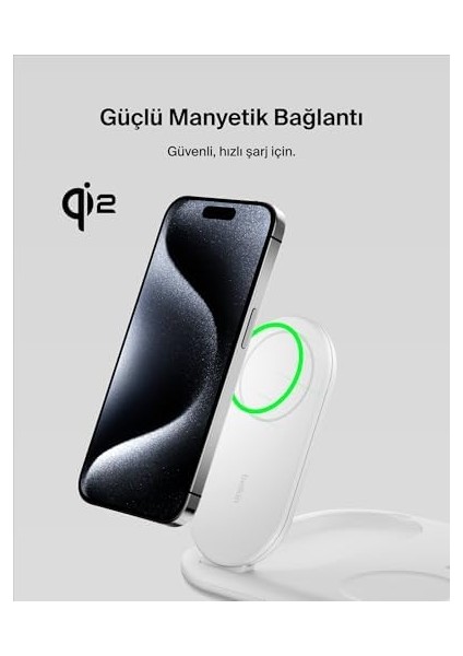 Magsafe Şarj Cihazı, Boostcharge 3'ü 1 Arada Manyetik Katlanabilir Şarj Aleti Qi2 15W - Kaymaz Tabanlı iPhone 16, 15, Apple Watch, Airpods Için Magsafe Uyumlu Hızlı Şarj, Psu Dahil - Beyaz