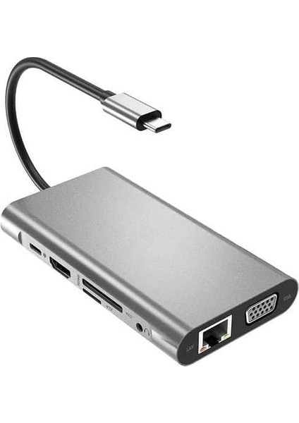 FC31 Gigabit Macbook Uyumlu Type-C™ Usb-C To 4* USB 3.0 4K 1080P Hd HDMI VGA RJ45 Pd Aux Ses Sd Tf Kart 11IN1 Çevirici Hub Adaptör