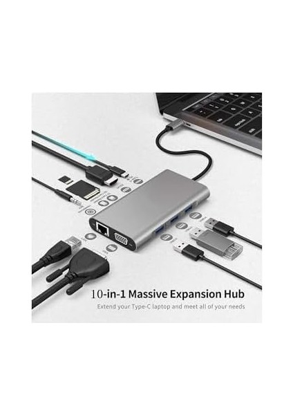 FC31 Gigabit Macbook Uyumlu Type-C™ Usb-C To 4* USB 3.0 4K 1080P Hd HDMI VGA RJ45 Pd Aux Ses Sd Tf Kart 11IN1 Çevirici Hub Adaptör