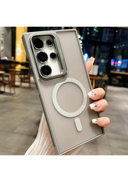 Samsung Galaxy S24 Ultra ile Uyumlu Kamera Lens Aparatlı Stand Olabilen Magsafe ile Uyumlu Kamera Korumalı Şeffaf Full Color Magnetic Wireless Telefon Kılıfı (Titanyum, Galaxy S24 Ultra)
