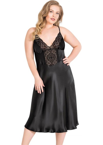 Aria's Closet Büyük Beden Siyah Uzun Saten Gecelik