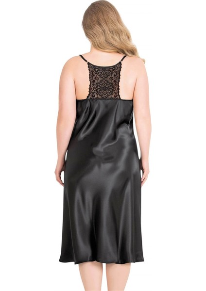 Aria's Closet Büyük Beden Siyah Uzun Saten Gecelik